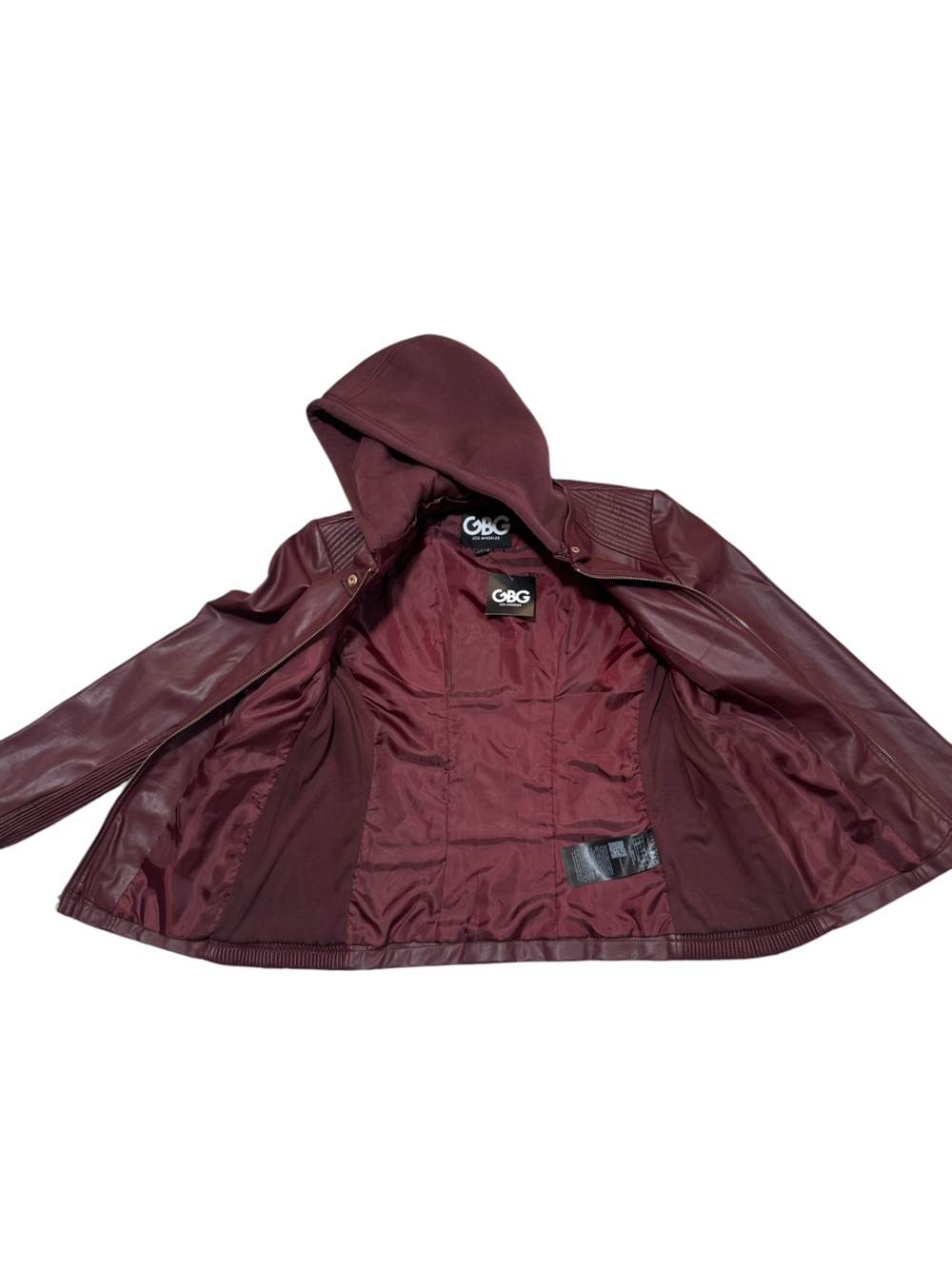 GBG Los Angeles NWT Faux Leather Hooded Moto Jacket Burgundy Women’s Large - Picture 9 of 12